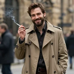 photorealistic photography of beautiful jean dujardin in the artist, ( ( beard ) ), posing as a charismatic smiling thief!, with a light brown trench coat and a cigarette, in dresden files movie, hd