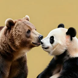 pop art headshots of a grizzly bear and a panda bear kissing.