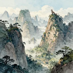 the beautiful mountains with a presence of mythical creatures, digital art, watercolor