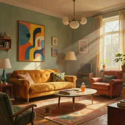 a room of retro and vintage items, groovy 8 0 s, abstract art deco furnature, highly detailed digital painting, concept art by yongfei liu, alben tan, vance kocas, octane rendered, low angle, god rays, cg society, unreal engine