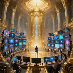 extremely beautiful high detailed long portrait of an interior scene with a temple of internet. by daniel f. gerhartz and artgerm and greg rutkowski. intricate details, sci - fi details, a lot of monitors, energetic mood, golden ratio composition, trending on artstation, volumetric lighting, 4 k, 8 k