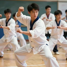high school uniform dynamic tai chi master handsome features young man, attractive face, black eyes, daring expression, good looking, expert proportions, high details, colorful palette, masterpiece, sakimi, shintaro kago, ilya kuvshinov, loish, ruan jia, james jean, volumetric shading illumination, ambient light