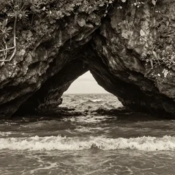 photorealistic sepia painting of the mouth of a sea cave on the jamaican shoreline, dark, brooding, atmospheric, lovecraft