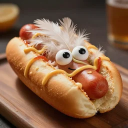 a portrait shot of a beautiful hotdog sandwich!!! smiling!!! covered in feathers, front shot. lots of big cute eyes!!! tilt shift derogotype photography, extreme dof