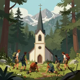 a group of hikers stumble across a church steeple buried in the ground. artstation, illustration, concept art, forest, mountains