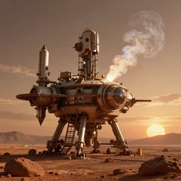 steampunk terraforming station on mars billowing oxygen into the sky at sunset, hyperreal, artstation