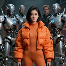 beautiful fantasy character portrait, lucy lui, wearing orange puffy bomber jacket with leotard, futuristic robots, ultra realistic, dramatic lighting, robots, the fifth element artifacts, highly detailed by peter mohrbacher, hajime sorayama, wayne barlowe, boris vallejo, aaron horkey, gaston bussiere, craig mullins