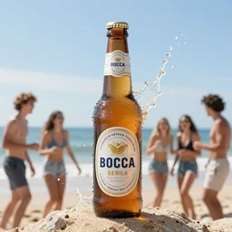 a photo of a bottle of beer, product photo, splashes of liquid, beach background with young people having fun, energetic, delicate by marcel christ