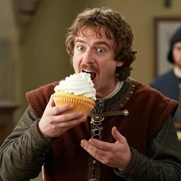 brightly lit historically inaccurate comedy medium shot film still of ( rainn wilson plays king alfred ) king alfred eating a cupcake that is too big in a medieval comedy titled'the hijinx of king alfred ', directed by john landis, colorful lighting high contrast, hyperrealistic shocking detail trending on artstation 8 k