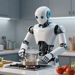 a robot is cooking, 4k, ultra details, cinematic, epic style, beautiful photo, hyper realistic, octane render, unreal engine, award winning, on artstation, volumetric lightning, masterpiece, golden hour,
