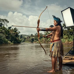 indigenous brazilian couple Archery fishing in the Tuatuari River. unreal 5, hyper realistic, realistic, photo realistic, dynamic lighting, highly detailed, cinematic landscape, studio landscape, studio lighting