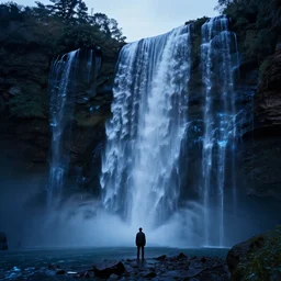 neill blomkamp movie shot, a bioluminescence waterfalls, dusk, movie shot, photo real, ultra detailed,