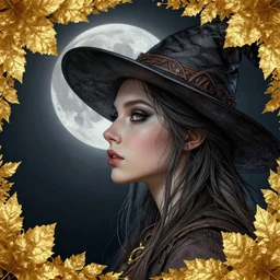 golden leaves at frame border, creative!!! composition for a book cover, moon, beautiful side portrait painting by jeremy mann, a female witch absurdly beautiful, ultrafine hyperrealistic detailed face by wlop and artgerm and greg rutkowski, intricate linework, sharp focus, smooth, octopath traveler, final fantasy, unreal engine, dramatic lighting, ethereal, 8 k
