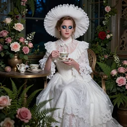 full body fashion model emma watson by Winslow Homer smokey eyes makeup eye shadow fantasy, glow, shimmer as victorian woman in a long white frilly lace dress and a large white hat having tea in a sunroom filled with flowers, roses and lush fern flowers ,intricate, night, highly detailed, dramatic lighting , high quality