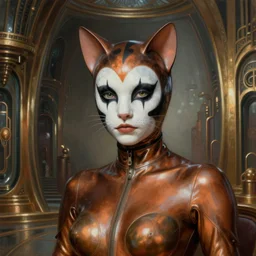 closeup painting of uncannily beautiful aristocrat wearing latex and bronze catsuitand face paint inside bronze art deco arcology, science fiction by j. c. leyendecker