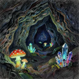 a large cave lit by glowing mushrooms, colorful crystals grow from the ground, drawn with colored pencils, gloomy mood, by van gogh