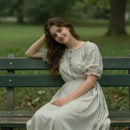 a young woman sitting on a bench half turned to the viewer, tired face, almost smiling, young , long dress, Pre-Raphaelite, 4k, cinematic, trending on art station, waiting, green, golden ration