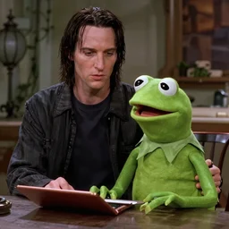 “high quality screenshot of a scene from The Matrix (1999) starring Kermit The Frog”