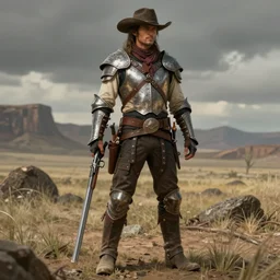 full body character portrait of a gunslinger / paladin in the style of wild west art in the style of high fantasy art trending on artstation deviantart pinterest photorealistic hd 8 k highlights and shadow detailed high resolution hd 8 k