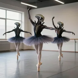 xenomorphs ballet dancing elegantly in a dance studio. photo realistic 35mm 4k