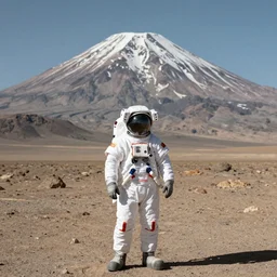 An astronaut in front of Mount Olypus in Mars
