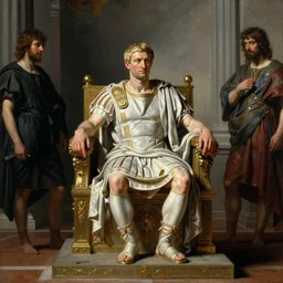 Realistic painting of a roman emperor sitting on his throne in his palace dramatic lighting, high-detailed oil painting by Ilya Repin, William Blake, Michelangelo da Caravaggio, Alex Grey and Beksinski, masterpiece, 4k
