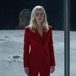 a still from bladerunner 2 0 4 9 of elle fanning wearing a tailored red suit and looking anxiously into the camera next to a plate glass window. outside we see the surface of the moon. sci fi, futuristic, cinematic, soft lighting, sci fi, bladerunner, canon eos r 3, f / 3, iso 2 0 0, 1 / 1 6 0 s, 8 k, raw, unedited