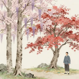 birches and cherry trees and japanese maples and wisteria, by bierstadt and ruan jia and fenghua zhong, artstation, rococo, ecopunk,