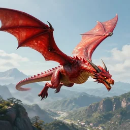 red dragon flying in mountain landscape, illustration, epic, fantasy, intricate, hyper detailed, artstation, concept art, smooth, sharp focus, ray tracing, vibrant, photorealistic, rj palmer, rossier, jessica