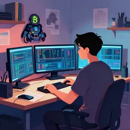 a young man sitting on his computer in his messy bedroom staring at several computer monitors showing crypto trades, illustration, colourful, chill, anime esthetic