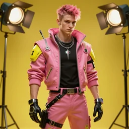 cyberpunk photorealistic character, tech wear outfit, wearables, visual artist, similar to zac efron, pink and yellow, edgy, awe inspiring, artstation hd, 8 k, detailed, intricate, ornate, studio lights, golden ratio, masterpiece