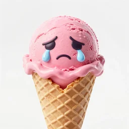 depressed pink ice cream, has a face that is upset and crying, looks delicious