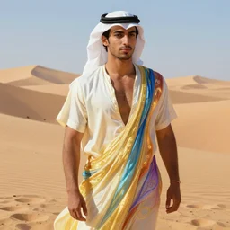 full figure beautiful young fit arabic man with dark skin, dressed with multicolored fluent clothes, luminous scene, by greg rutkowski and alphonse mucha, d & d character, gradient white to gold, in front of a dune desert background, highly detailed portrait, digital painting, artstation, concept art, smooth, sharp focus illustration, artstation hq