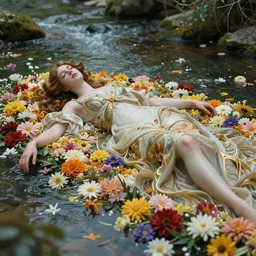 baroque portrait of a woman of porceline skin lying down in a river made of thousand of flowers, cinematic lighting, photorealistic, octane render, 8 k, depth of field, art by artgerm and greg rutkowski and alphonse mucha and uang guangjian
