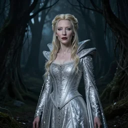 portrait of ((mischievous)), baleful Cate Blanchett as Galadriel! as a queen of fairies, dressed in a beautiful silver dress. The background is a dark, creepy eastern europen forrest.  night, horroristic shadows, high contrasts, lumnious, soft, theatrical, character concept art by ruan jia, thomas kinkade, and J.Dickenson, trending on Artstation