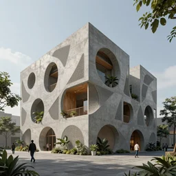 A parametric building with intricate mesh design, concrete texture with wood insertions, plants, people walking, wide angle, cinematic light, render, 4k, mood, zbrush, octane
