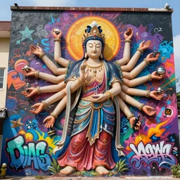 epic graffiti mural of a 1000 arm Quan Yin , colorful and dynamic in the style of Hownosm and James Jean, ultimate collab, epic, unreal engine 5, coming to life popping out of the wall 3d,