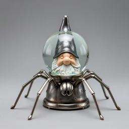 a metal spider with a gnome snow globe head, professional lighting