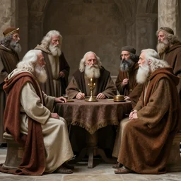 a council of elders deliberating, fantasy art, robed, historical, highly realistic, highly detailed
