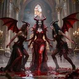 demonic female creatures battle astaroth in an abandoned church in the vatican, 8 k, soft lighting, hdr, octane render, cinematic, red fluid on walls of the church, smoke, photorealistic, bokeh