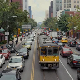 a train driving down a city street filled with lots of traffic, a matte painting by gregory crewdson, behance, american scene painting, matte painting, playstation 5 screenshot, matte drawing