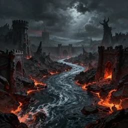 wide landscape in hell, river styx, lava, ruins, fortresses, dark, hellscape, digital art
