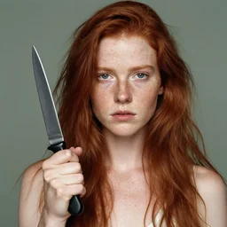 a 2 0 year old woman holding a knife by annie leibovitz, red hair, freckles