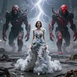 A woman wearing clothes made out of thunder clouds and flowers, giant monsters walking in the distance, red skin, Masterpiece, glowing, wires everywhere, by Edgar Maxence and Ross Tran, Zdzisław Beksiński, and Michael Whelan, distant, gustav dore, H.R. Giger, 8k, octane render