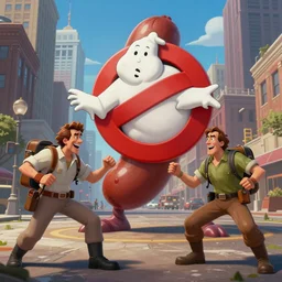 real ghostbusters, egon spengler, ray stanz, winston zeddemore, fighting a giant sausage monster in a city square, cartoon, highly detailed, 4 k