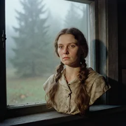 portrait bust of woman, solemn expression, faded color film, russian cinema, tarkovsky, kodachrome, old cabin, next to window, heavy forest outside, long brown hair, cloth, heavy fog, hudson river school, 4 k, dramatic lighting, greg rutkowski