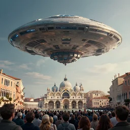 a gargantulan alien ufo high tech spaceship eerily hovering on italy venice city landscape with beautiful temples by greg rutkowski, artgerm, ross tran, magali villeneuve, intricate, time travel theme, audince in awe, spectacle, audience sorrounding, award winning, octane render, masterpiece, 8 k, beautiful