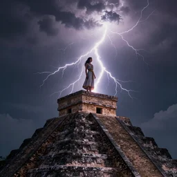 A young Mayan priestess stands on top of a Mayan Pyramid, silhouetted by a lightning bolt, dramatic lighting, epic, atmospheric, digital art, trending on ArtStation
