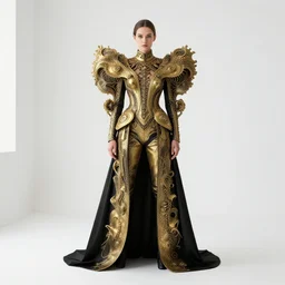 High quality photo of a white room. Female standing still Staring To A Camera, dressed in a golden and black surreal Avant grade outfit inspired by Ernst Haeckel. Sigma ART 50mm F2.8. hyper realistic vfx simulation. Fashion ad