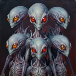intricate five alien grey reptilian hybrid, oil on canvas, hdr, high detail, photo realistic, hyperrealism, matte finish, high contrast, 3 d depth, centered, masterpiece, vivid and vibrant colors, enhanced light effect, enhanced eye detail, artstationhd